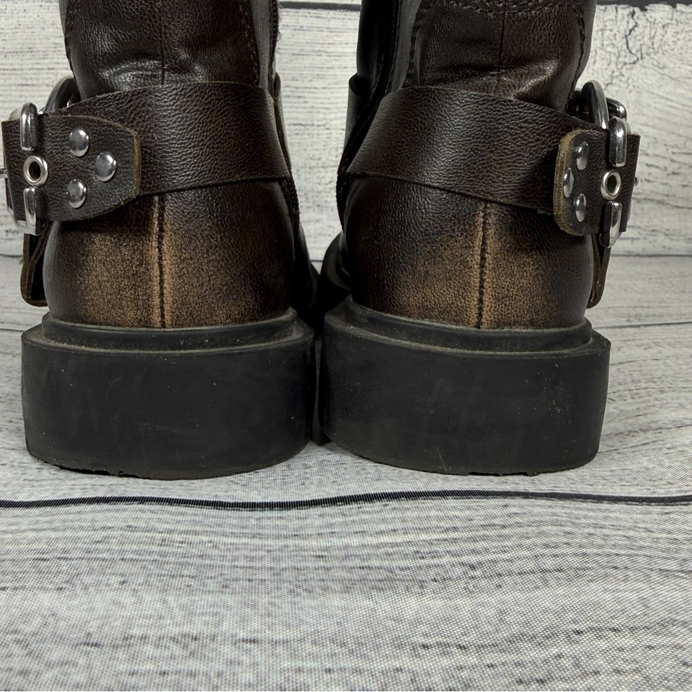 Zara Girls Distressed Motto Biker Dark Brown Buckle Harness Zippered Boots Sz 33 - Picture 5 of 11